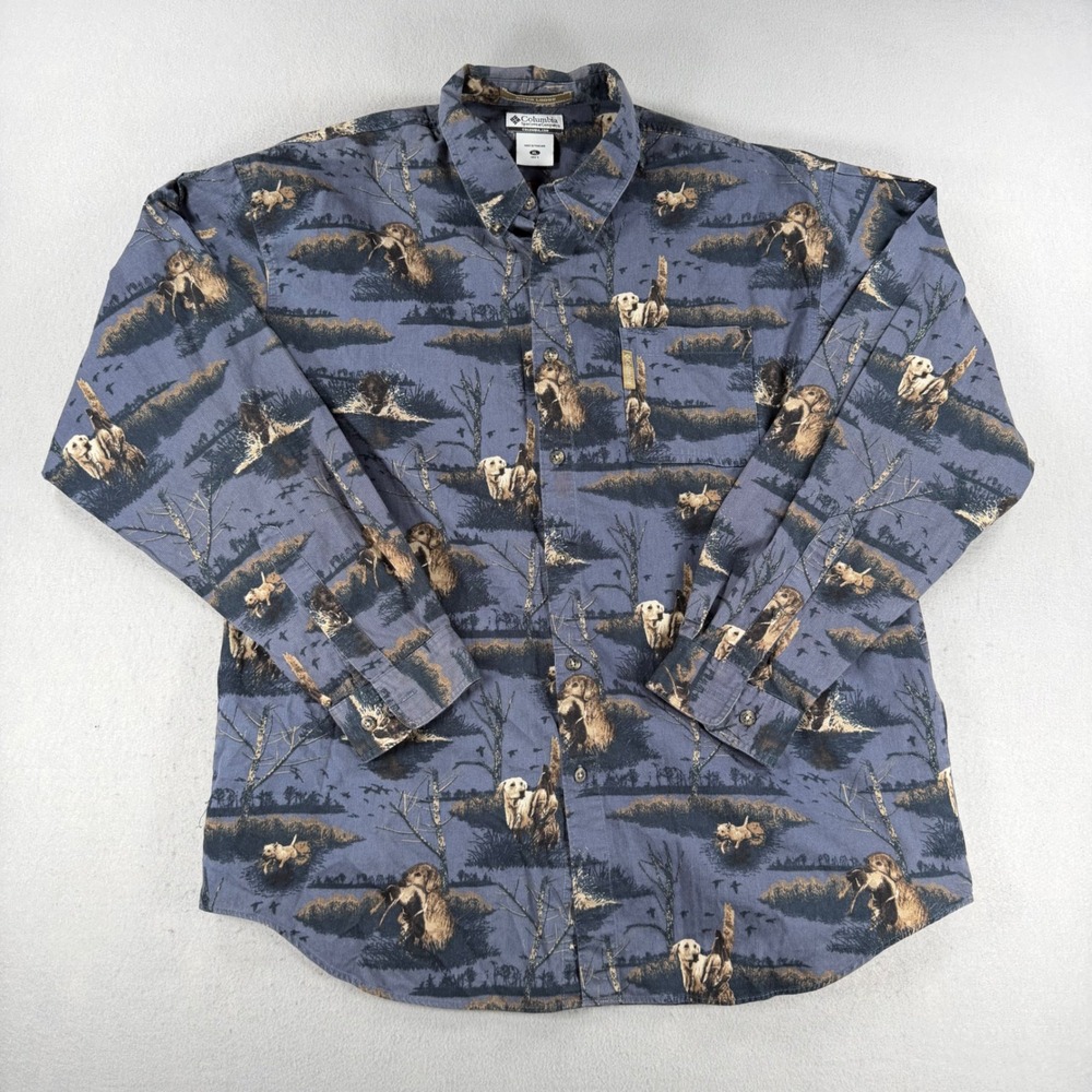 Y2K Columbia River Lodge Mens XL Blue Corduroy Hunting Dog Duck